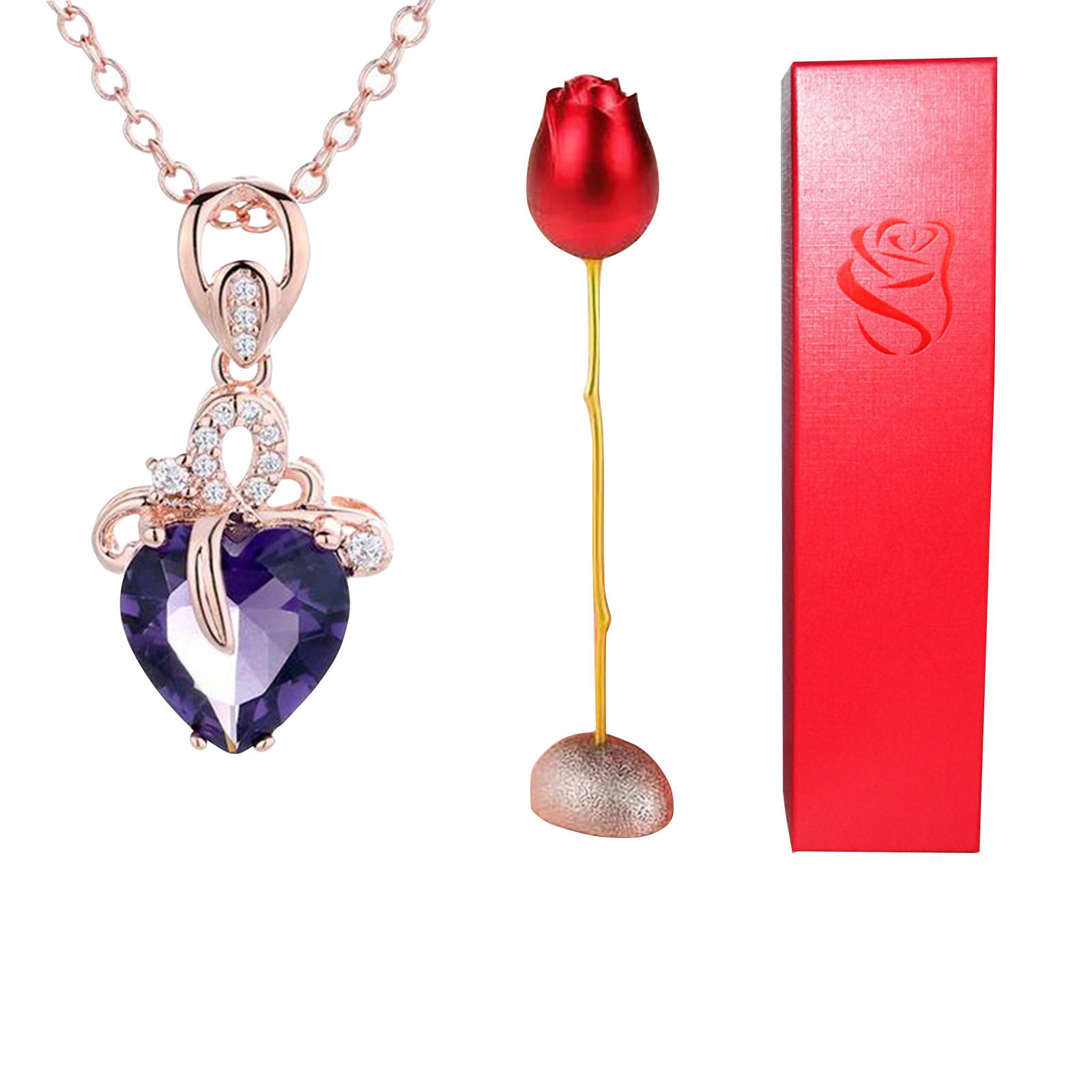 Valentines Day Gift Heart Shaped Blue Purple Crystal Diamond Pendant Rose Head Necklace - SECURECAN