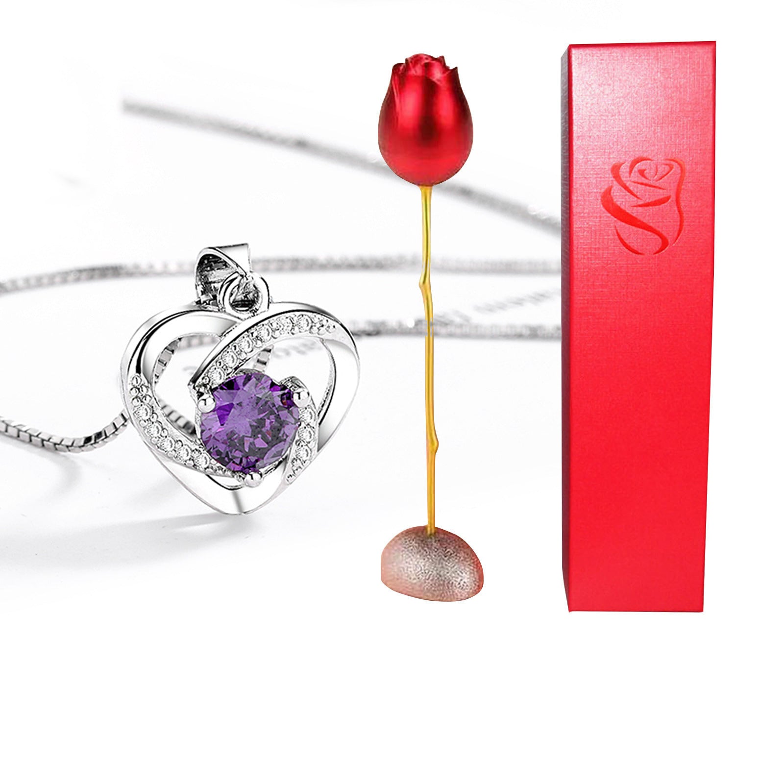 Valentines Day Gift Heart Shaped Blue Purple Crystal Diamond Pendant Rose Head Necklace - SECURECAN