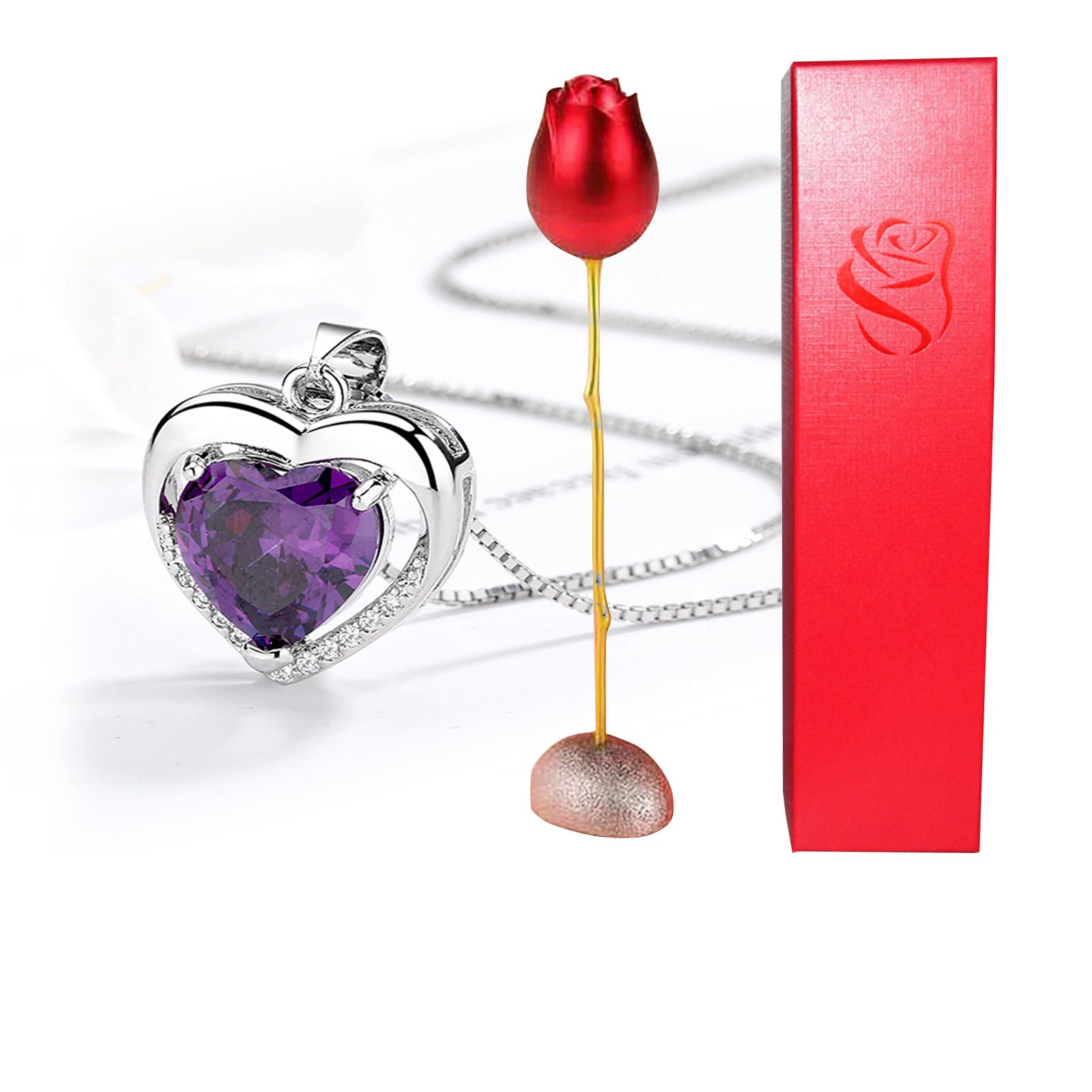 Valentines Day Gift Heart Shaped Blue Purple Crystal Diamond Pendant Rose Head Necklace - SECURECAN